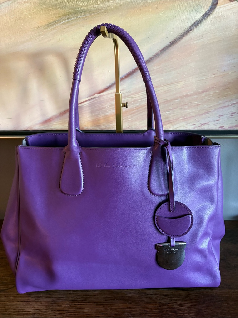 Salvatore Ferragamo Purple Leather Large Tote Silver Hardware Italy